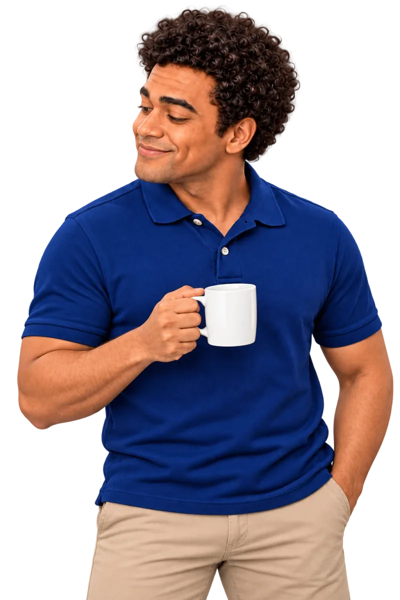 AI-generated business-owner character holding a coffee mug and looking slightly downward toward the headline